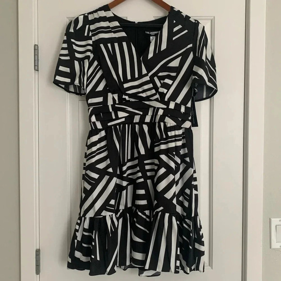 Karl Lagerfeld Short Sleeve Surplice Mini Dress - Size 10 - Black/White - NWT - Picture 6 of 13